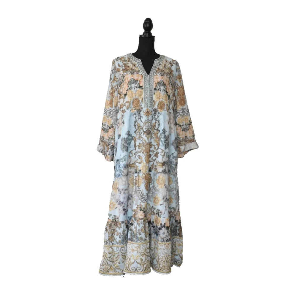A5 NEW SOFT SURROUNDINGS Pastel Blue Floral Print Beaded Baroque Maxi Dress Sz L